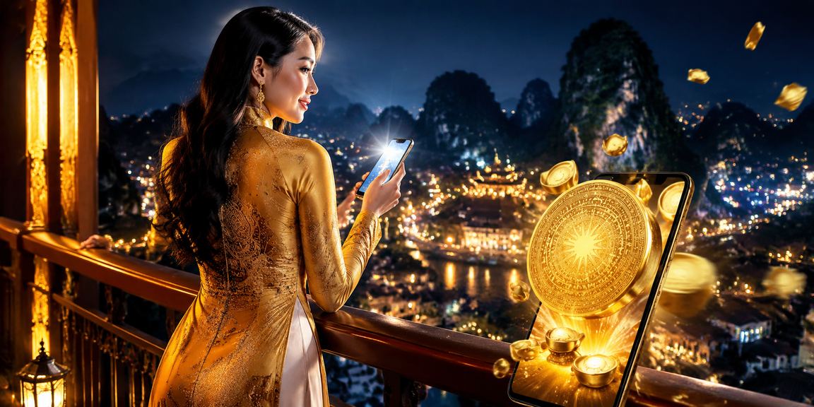 Người dùng tại Ninh Bình trong trang phục áo dài trải nghiệm casino trực tuyến trên điện thoại di động